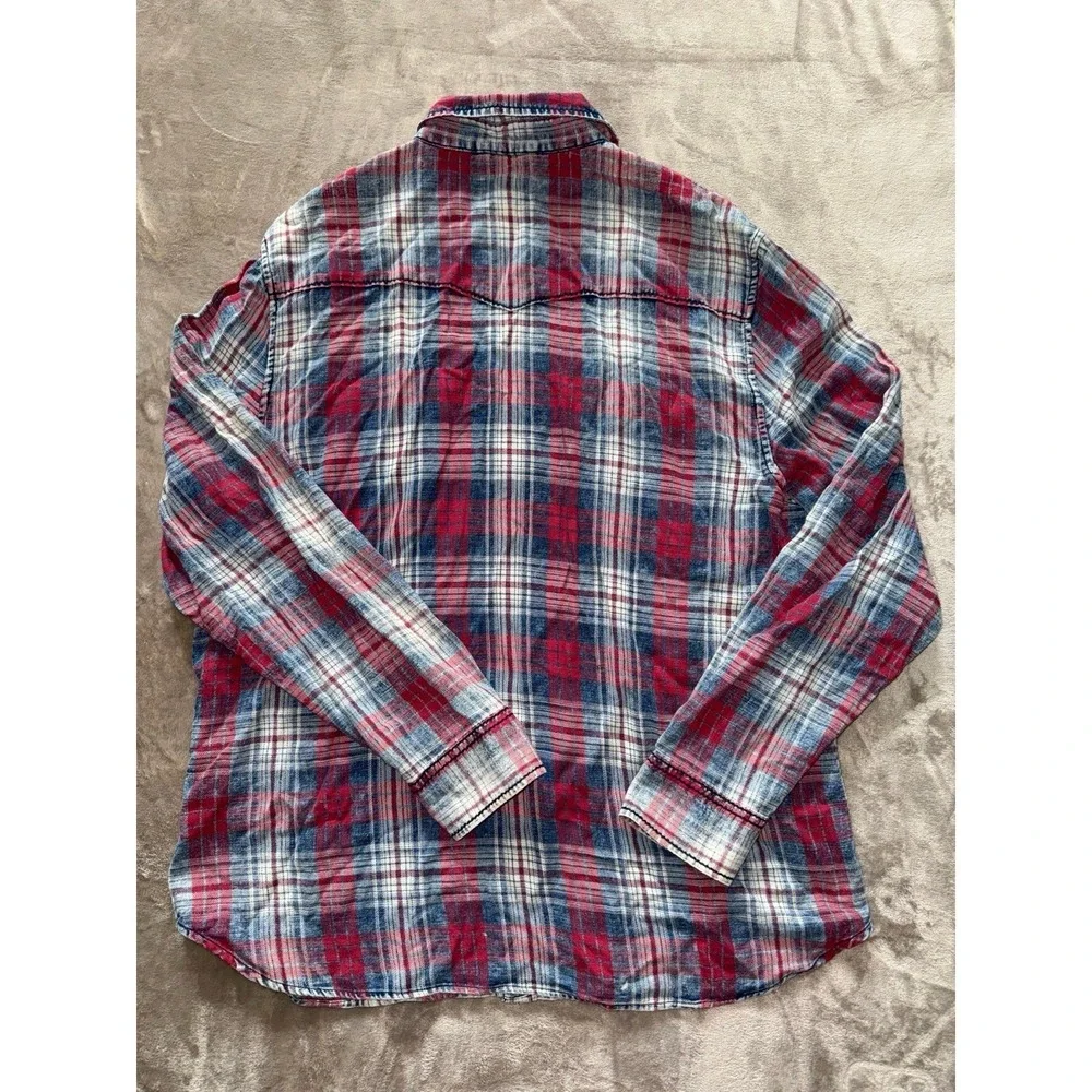 True Religion Men's Plaid Shirt Slim Fit Long Sleeve Red Blue Western Size‎ 2XL
